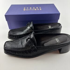 Stuart Weitzman Buxton Leather Mule Size 10 Black Square Toe Buckle Slip On
